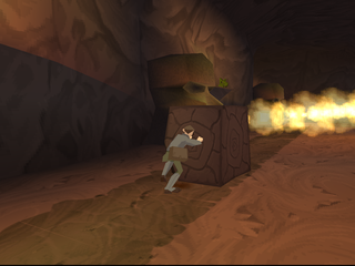 Disney's Atlantis: The Lost Empire (PlayStation) screenshot: Milo stopping the fire with a block.