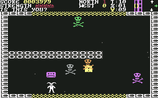 Ancipital (Commodore 64) screenshot: Shoot the skulls and crossbones with cassettes