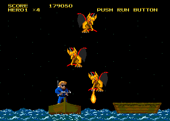 Demon's World (TurboGrafx CD) screenshot: Ahh, beautiful scene. Me alone on the boat, and fire-spitting demons descend... I do appreciate the aesthetical side of life