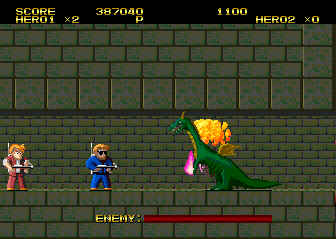 Demon's World (TurboGrafx CD) screenshot: The two friends face a dragon in a narrow corridor. No idea how to defeat him, because I can't jump!..