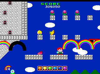 Rainbow Islands (TurboGrafx CD) screenshot: Scaling the castle wall