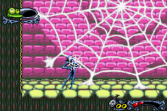 Tim Burton's The Nightmare Before Christmas: The Pumpkin King (Game Boy Advance) screenshot: When hit by a web, Jack moves much slower for a period of time.