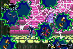 Tim Burton's The Nightmare Before Christmas: The Pumpkin King (Game Boy Advance) screenshot: The spider's death is quite messy.