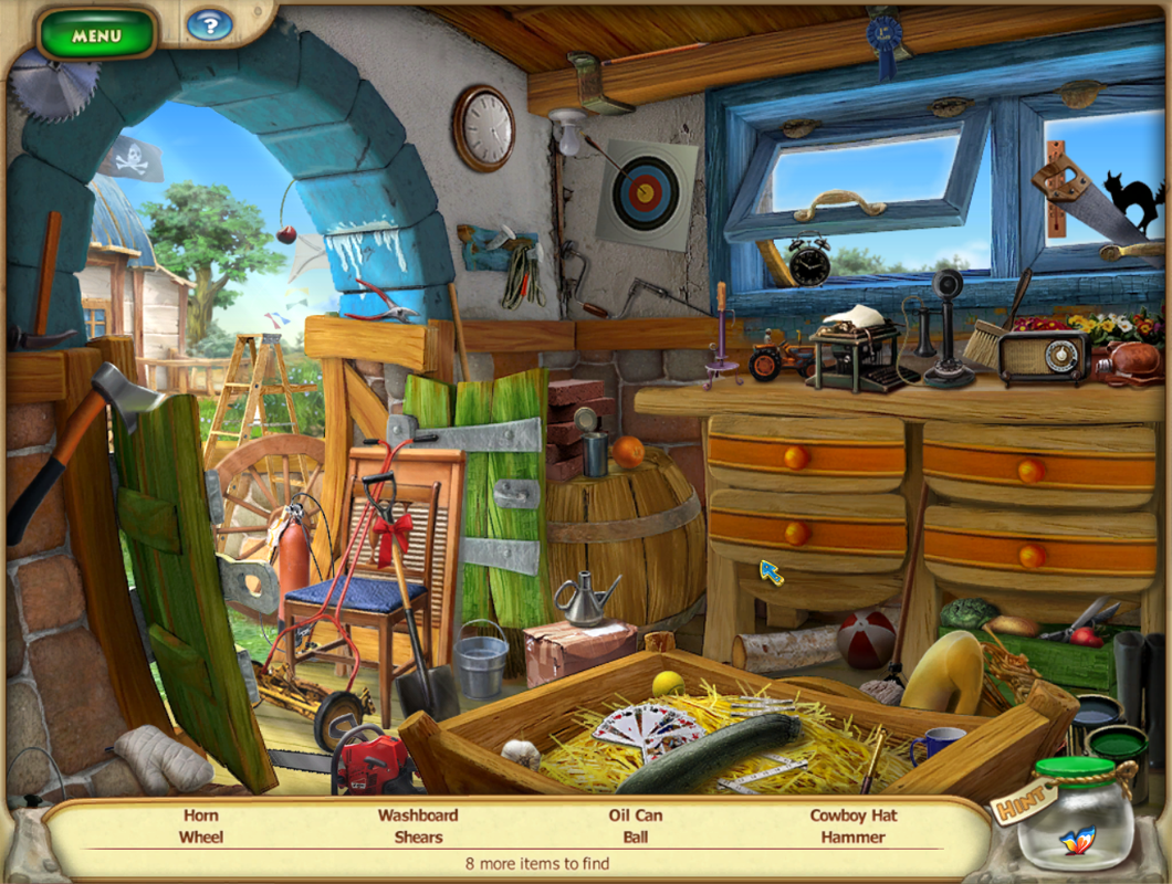 Farmscapes (Windows) screenshot: The first hidden object level - find items in the old shed and some of them will be used in the object puzzle.