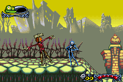 Tim Burton's The Nightmare Before Christmas: The Pumpkin King (Game Boy Advance) screenshot: Talk to the scarecrows to save your game.