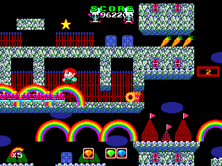 Rainbow Islands (TurboGrafx CD) screenshot: My rainbows are the only colorful spot in these dark levels...