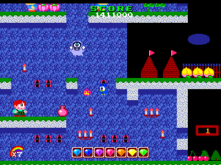 Rainbow Islands (TurboGrafx CD) screenshot: Intense battle in a castle