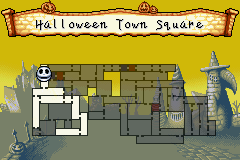 Tim Burton's The Nightmare Before Christmas: The Pumpkin King (Game Boy Advance) screenshot: "Select" displays a map of the current area.