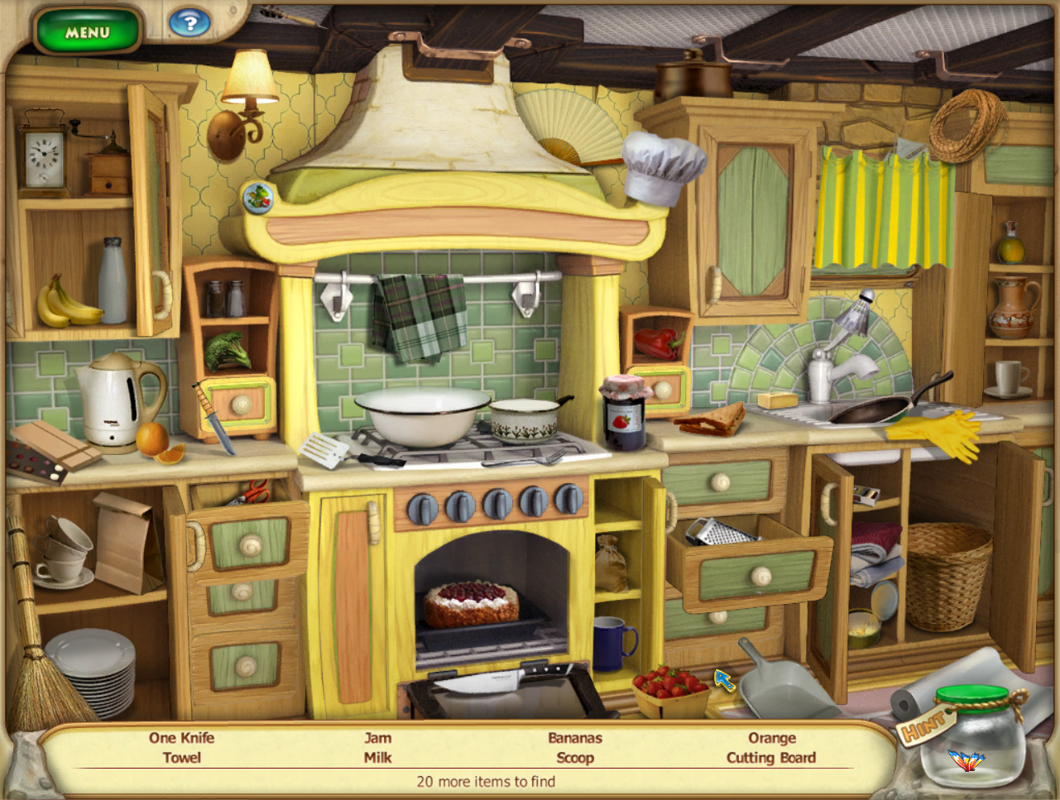 Farmscapes (Windows) screenshot: A hidden object level in the kitchen. Important: unlike in most hidden object games, you can manipulate some parts of the view, for example open and close cabinet doors and drawers.