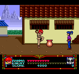 Ranma 1/2 (TurboGrafx CD) screenshot: The female Ranma pushes jars to damage enemies...