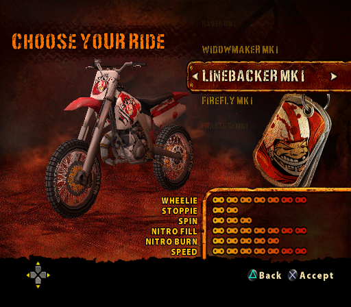 Crusty Demons (PlayStation 2) screenshot: Selecting the motorcycle.