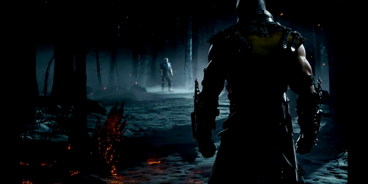 Mortal Kombat X (Android) screenshot: The intro shows Scorpion and Sub-Zero in a battle.