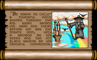 Prophecy: Viking Child (Amiga) screenshot: A wizard riding a rainbow shows up.