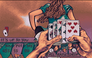 Teenage Queen (Amiga) screenshot: The current image serves as the backdrop for the card playing