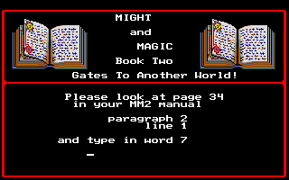 Might and Magic II: Gates to Another World (Amiga) screenshot: Copy protection check.