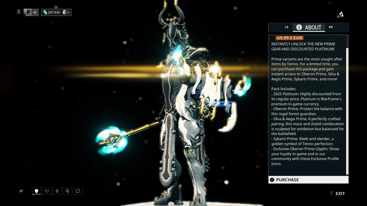 Warframe: Oberon Prime Access Pack (Xbox One) screenshot: In-game info on the prime access pack
