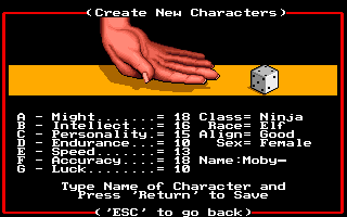 Might and Magic II: Gates to Another World (Amiga) screenshot: Rolling a new character.