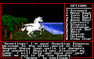 Might and Magic II: Gates to Another World (Amiga) screenshot: Greeted by the Guardian Pegasus.