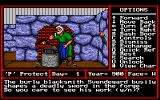 Might and Magic II: Gates to Another World (Amiga) screenshot: First stop is the blacksmith to buy some armor.
