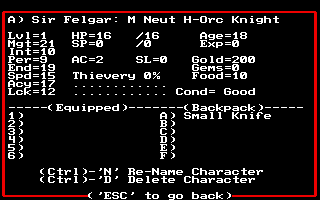 Might and Magic II: Gates to Another World (Amiga) screenshot: New characters start with only a basic weapon. You must manually equip the weapon on each character.