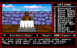 Might and Magic II: Gates to Another World (Amiga) screenshot: The temple can provide healing and spells for a price.