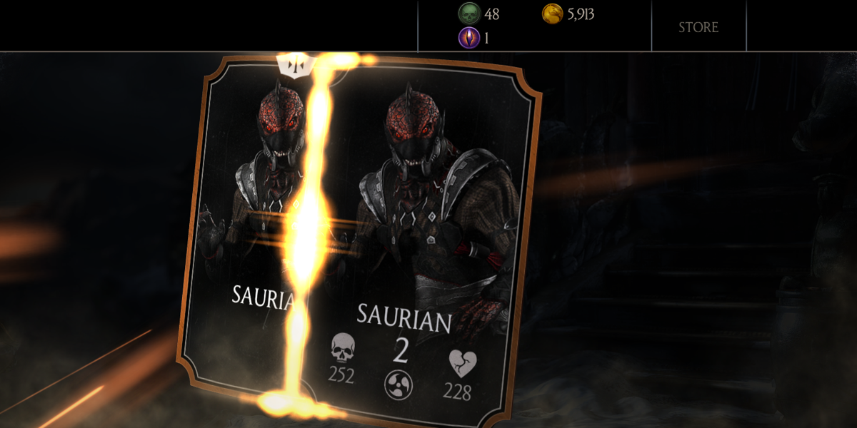 Mortal Kombat X (Android) screenshot: Fusing two cards together to make a stronger character.
