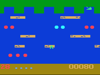 Frogger (Odyssey 2) screenshot: Stage two, crossing the river.