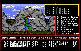 Might and Magic II: Gates to Another World (Amiga) screenshot: Combat versus a Ranger and some Rabid Rodents.