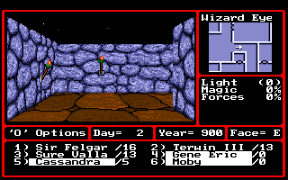 Might and Magic II: Gates to Another World (Amiga) screenshot: Wizard Eye adds a mini-map in the right corner.