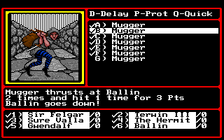 Might and Magic II: Gates to Another World (Amiga) screenshot: Muggers quickly kill party members!