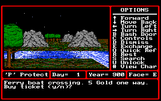 Might and Magic II: Gates to Another World (Amiga) screenshot: Water and mountains are impassable without the proper skills.