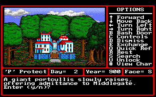 Might and Magic II: Gates to Another World (Amiga) screenshot: Entrance to the city of Middlegate.