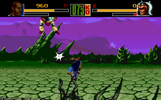 Shaq Fu (Amiga) screenshot: The main game is one on one fighting in the manner of Street Fighter.