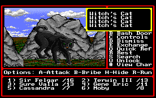 Might and Magic II: Gates to Another World (Amiga) screenshot: Battling some Witch's cats.