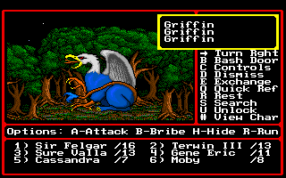 Might and Magic II: Gates to Another World (Amiga) screenshot: Attacked by Griffins!