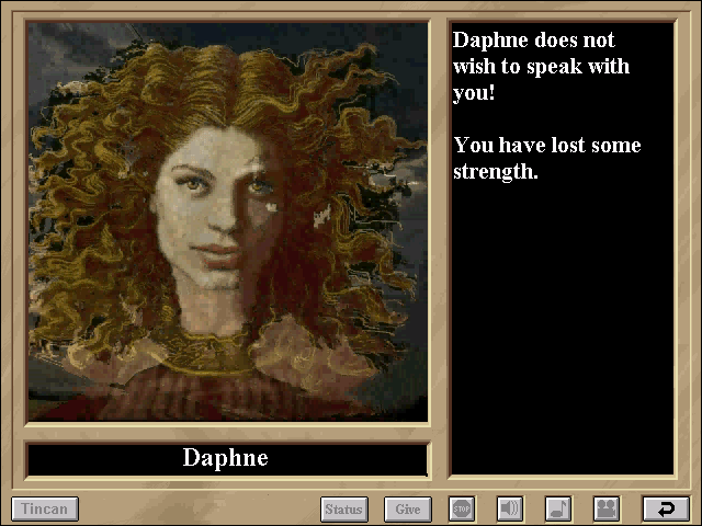 3001: A Reading & Math Odyssey (Windows 3.x) screenshot: Strength decreases when visiting the wrong gods