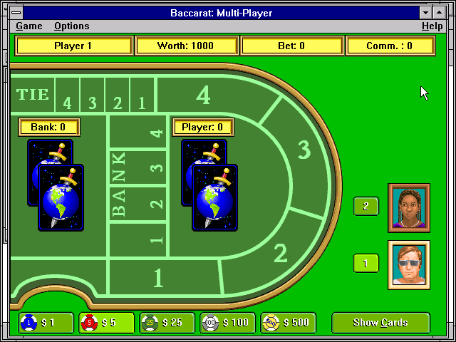 More Vegas Games Entertainment Pack for Windows (Windows 3.x) screenshot: Starting out (Baccarat)