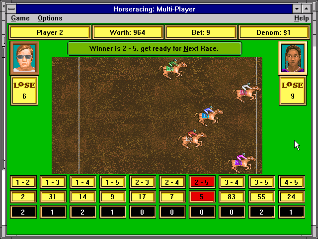 More Vegas Games Entertainment Pack for Windows (Windows 16-bit) screenshot: Both players lose (Horseracing)