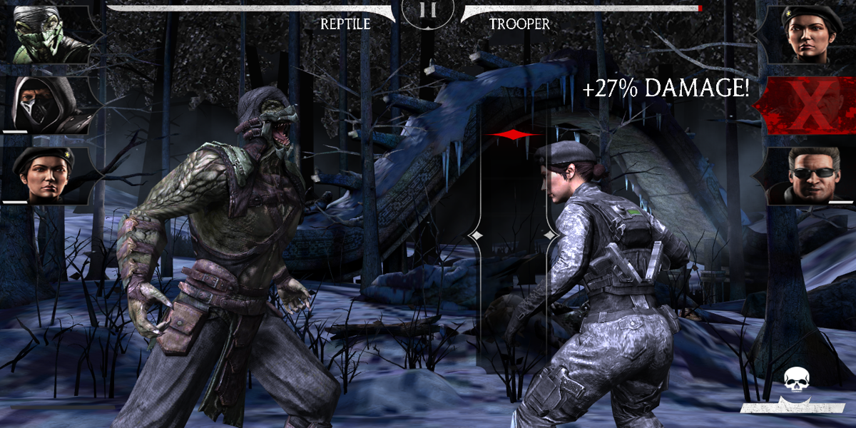 Mortal Kombat X (Android) screenshot: Reptile gets ready to use his classic acid spit attack.