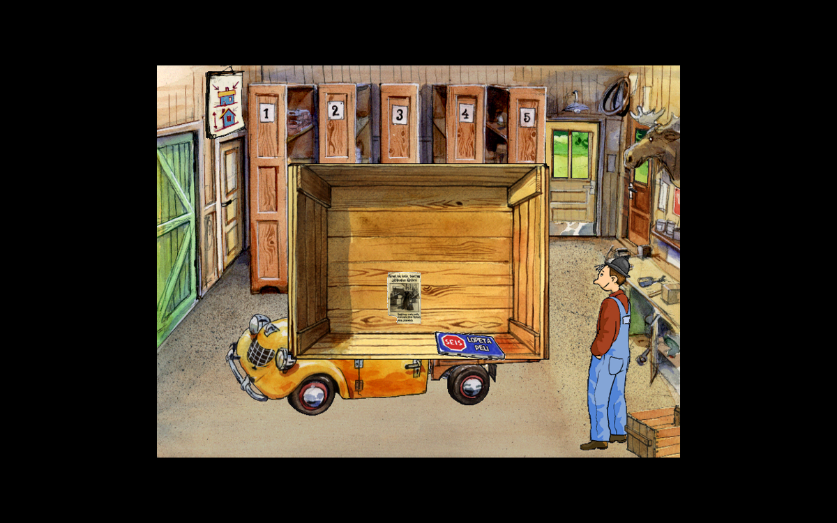 Bygg hus med Mulle Meck (Windows) screenshot: The wooden box appears in the lower right in most screens, and when selected opens a selection of returning to home and finishing the game. You can also explore the objects inside the wooden box.