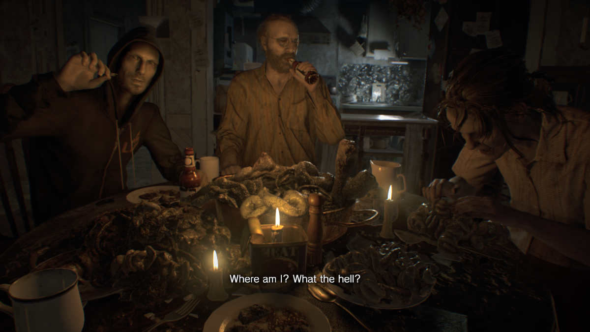 Resident Evil 7: Biohazard (Windows) screenshot: The dinner which many have seen in the game's trailer