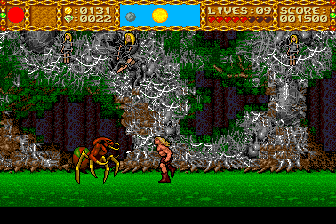 Shape Shifter (TurboGrafx CD) screenshot: Ahh, the spider lair. Helpless prisoners... Don't worry, I'll rescue you, even though I'm so broke I can't even afford a shirt