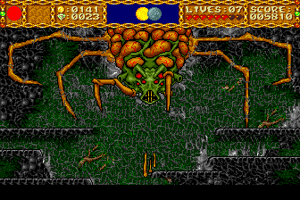 Shape Shifter (TurboGrafx CD) screenshot: Boss battle against a mean Spider Mama