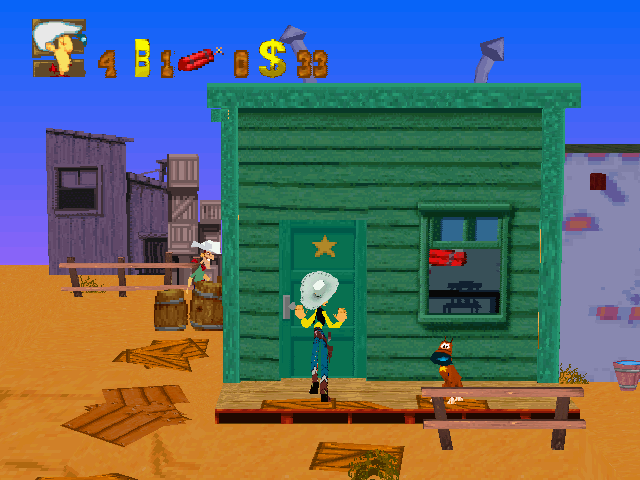 Lucky Luke (Windows) screenshot: Some buildings can be entered, while others need to be opened with keys. The dog serves as your checkpoint.