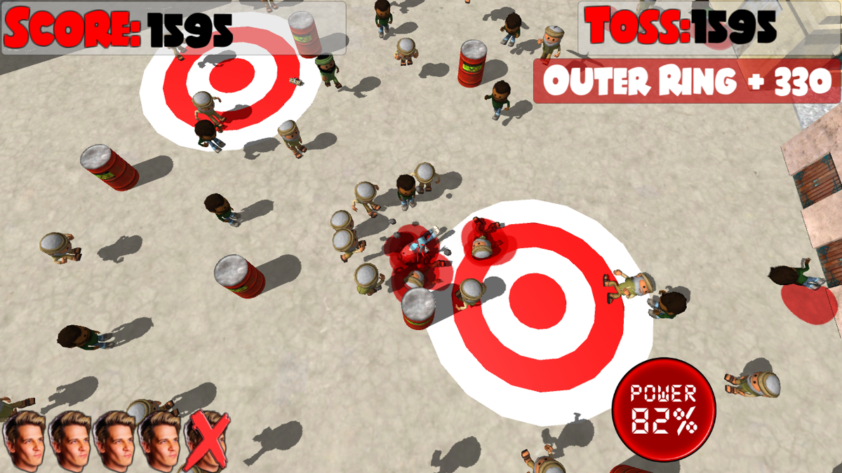 Milo Tosser (Windows) screenshot: After the fatal landing, nearby people proceed to throw rocks at the victim's corpse. But at least I've managed to take out some of them.