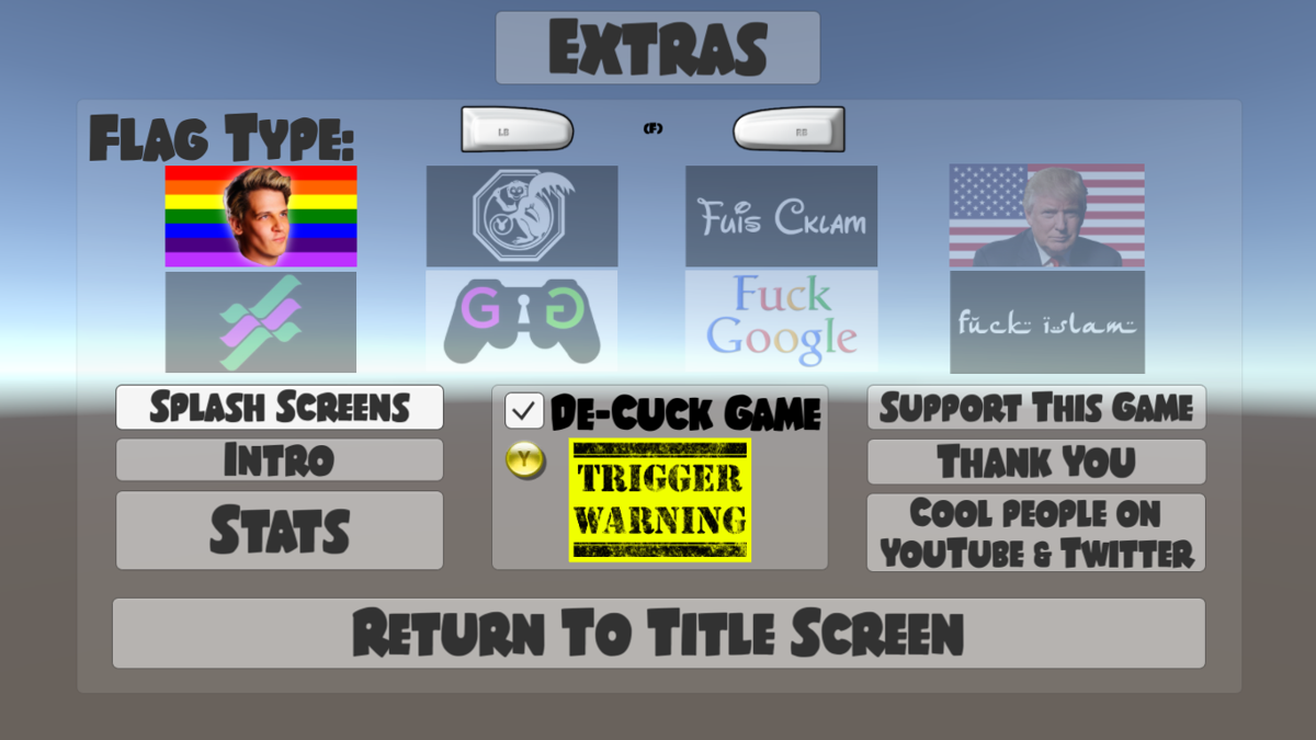 Milo Tosser (Windows) screenshot: The options menu leaves little doubt as to the developer's ideological leanings. The last flag is only uncovered if the "de-cuck game" option is selected
