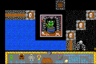 Bone Cruncher (Amiga) screenshot: Once you have five bones, you can create soap at a cauldron.