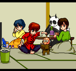 Ranma 1/2: Datō, Ganso Musabetsu Kakutō-Ryū! (TurboGrafx CD) screenshot: Looks like the whole family is together... even the pandas :)