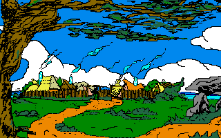 Asterix and the Magic Carpet (Amiga) screenshot: A quiet village in Gaul.