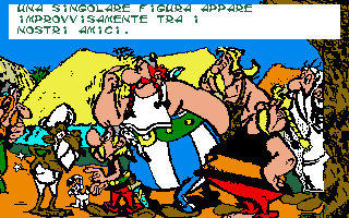 Asterix and the Magic Carpet (Amiga) screenshot: The gang meets a newcomer to the village.